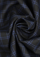 Textured wool in black tartan style with royal blue checks
