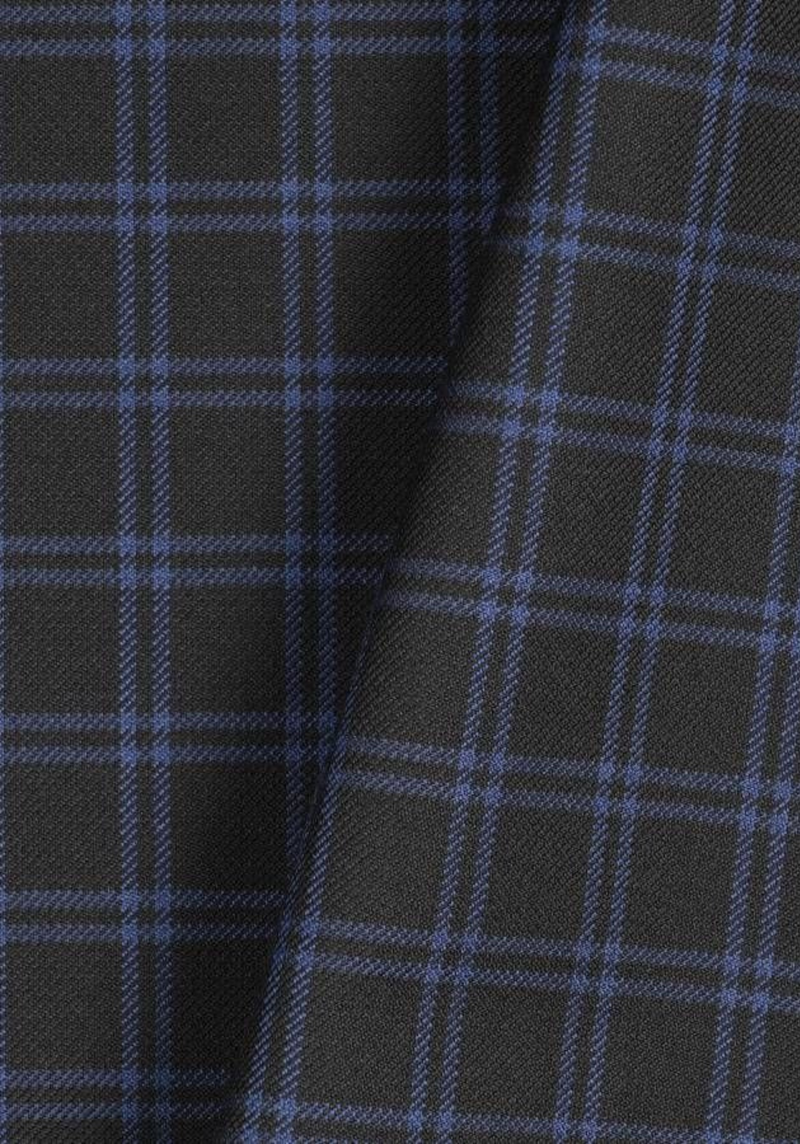 Textured wool in black tartan style with royal blue checks