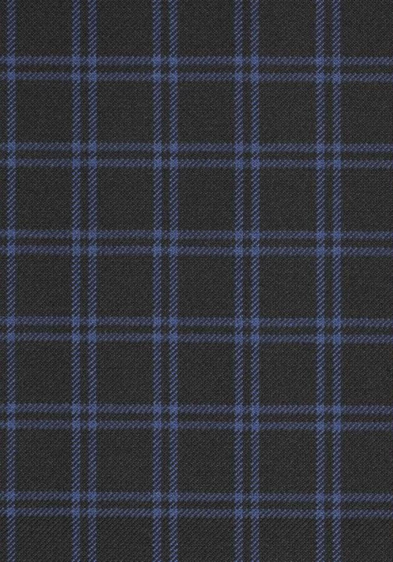Textured wool in black tartan style with royal blue checks
