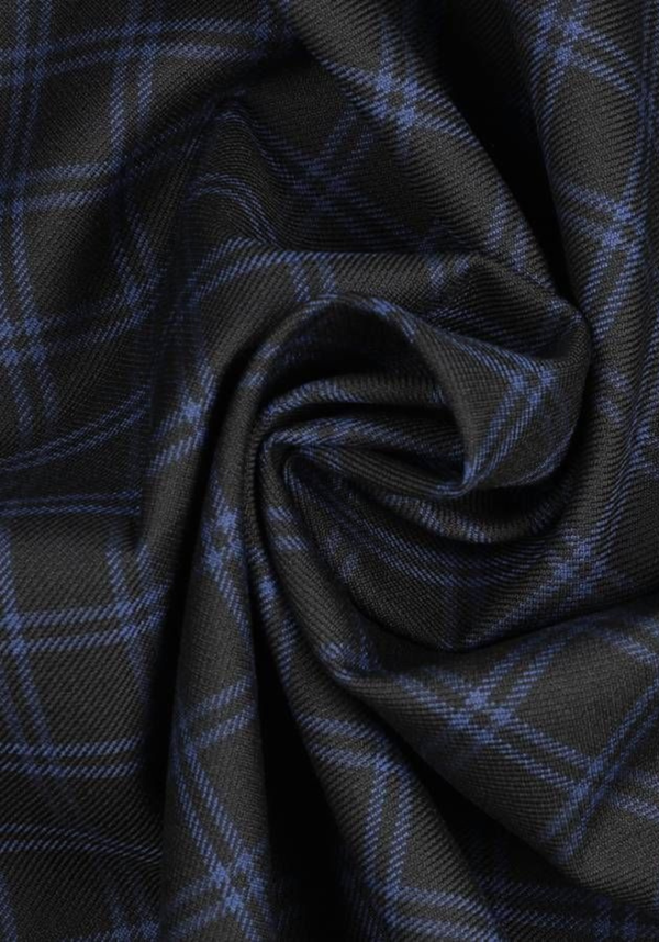 Textured wool in black tartan style with royal blue checks
