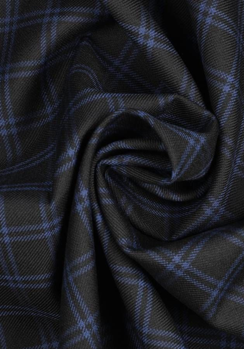 Textured wool in black tartan style with royal blue checks