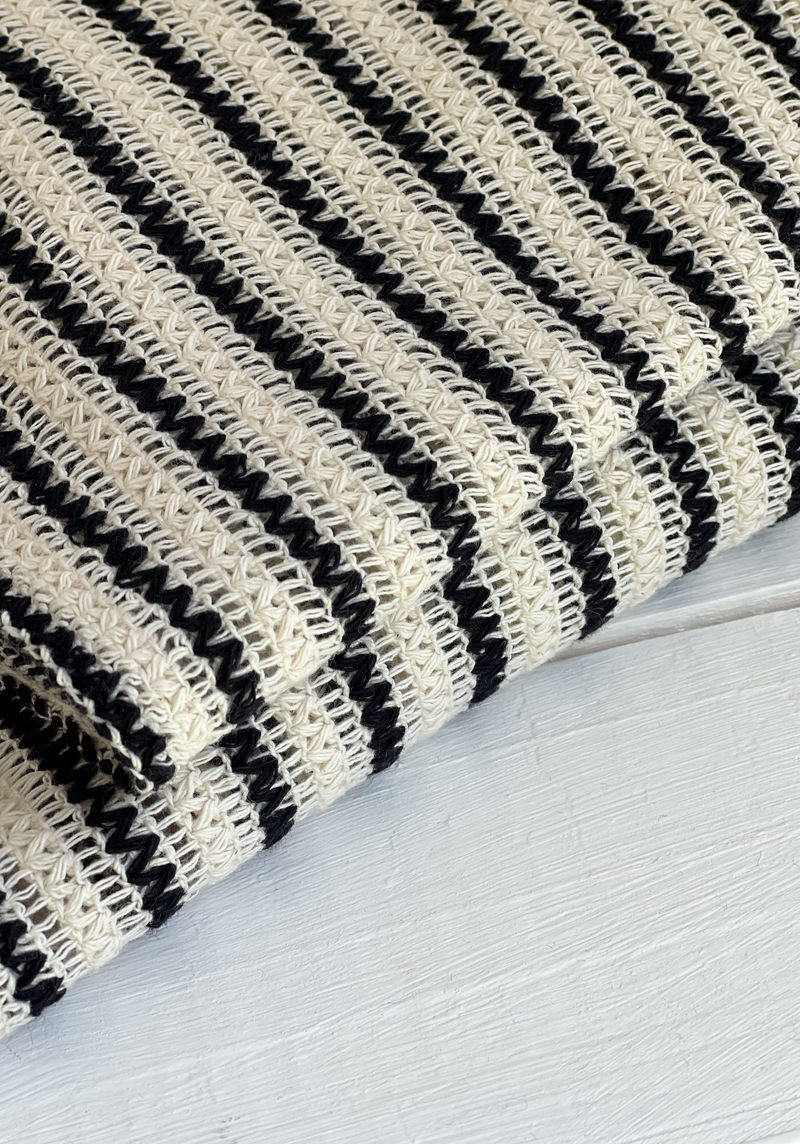 Ecru and black striped cotton crochet knit fabric Fabric - by 10 cm