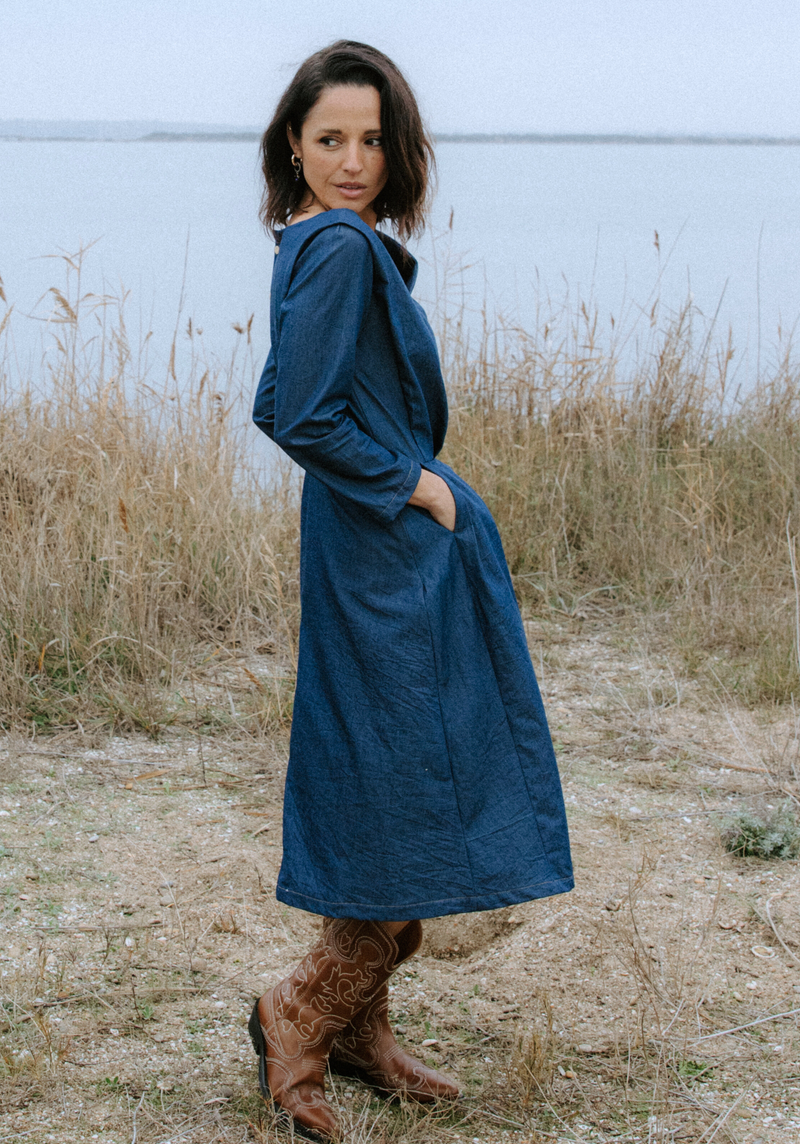 white christmas dresses Macadam light denim fabric – Maison Fauve UK