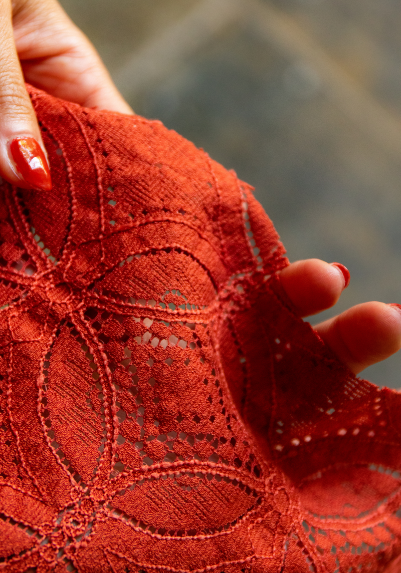 Orange Cinnamon Lace Fabric - by 10 cm